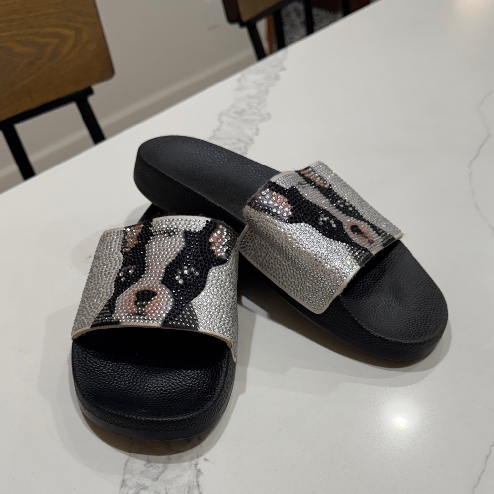 Black and Silver Slide Sandals with Rhinestone Design